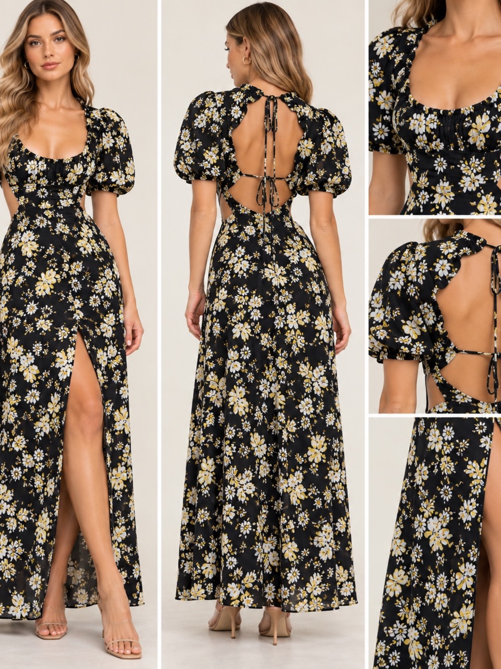 MAJORELLE Black Floral Puff-Sleeve Backless Maxi Dress